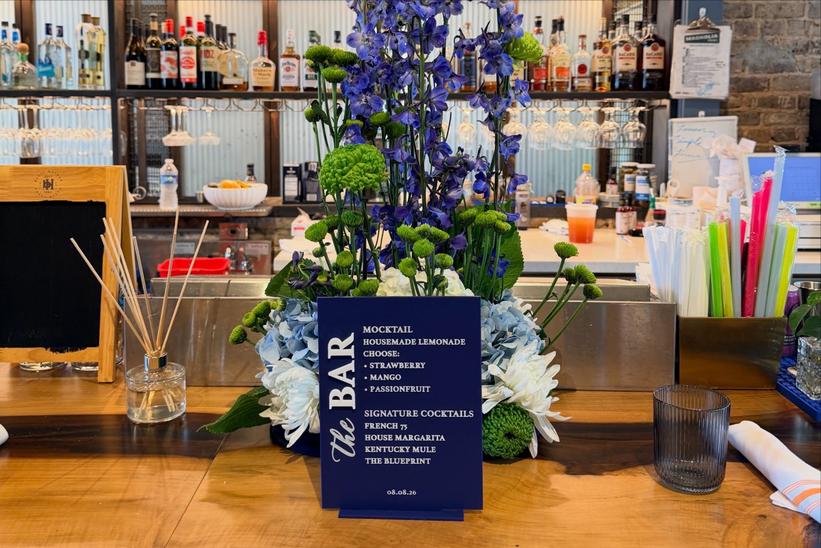 Bar with floral installation